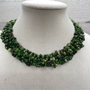 Beautiful Unsigned Green Jasper Multi Layer Statement Necklace Silver Tone